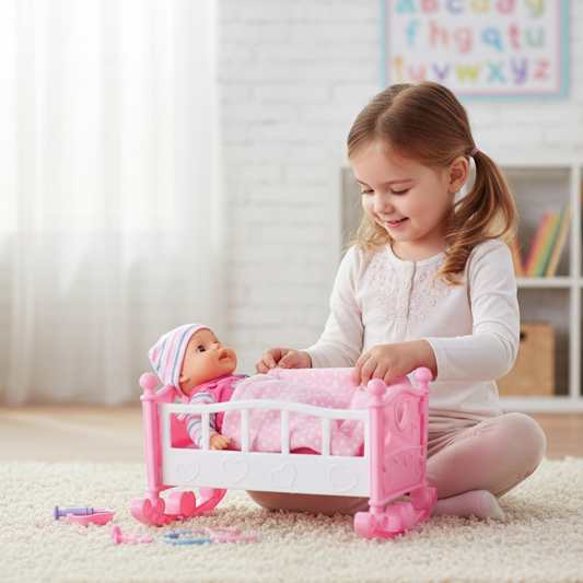 Baby crib and doll set with packaging on a white background