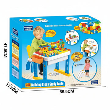 Toy building block study table packaging with images of children playing and dimensions.