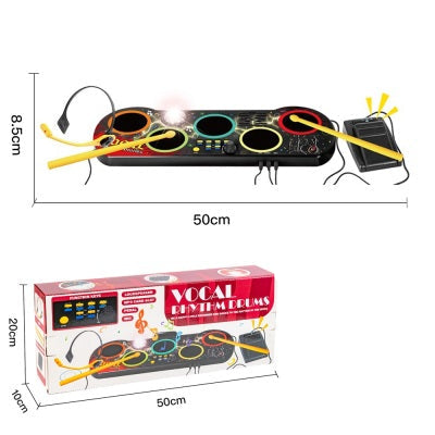 Vocaloid electronic drum set with dimensions and specifications displayed.