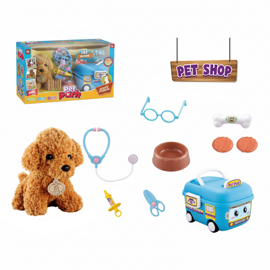 Pet Park Pet Shop Grooming Play Set – Plush Dog Vet & Grooming Toy with Carrier, Scissors, Bowl & Accessories (Age 3+)