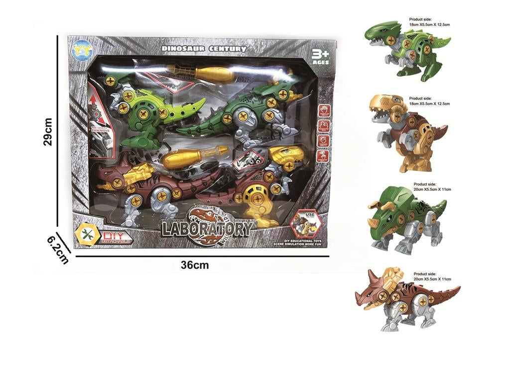 Toy dinosaur set packaging with dimensions and product details on a white background