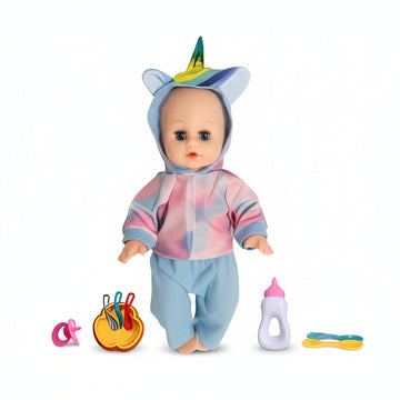 Baby doll with packaging and accessories on a white background