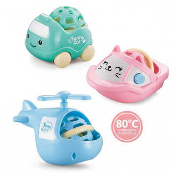 Children's rattles with packaging and traffic-themed background