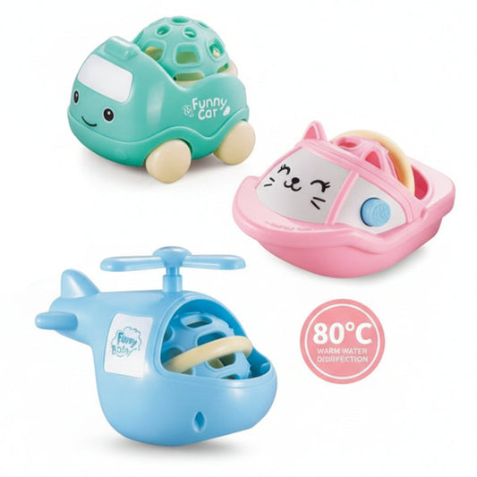 Children's rattles with packaging and traffic-themed background