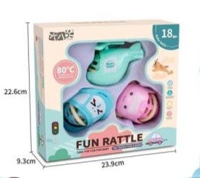 Children's rattles with packaging and traffic-themed background