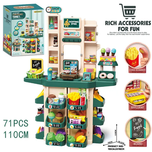 71-Pcs Kids Kitchen & Supermarket Play Set – Pretend Grocery Store with Cash Register, Scanner, Fruits, Ice Cream & Food Role Play Toy