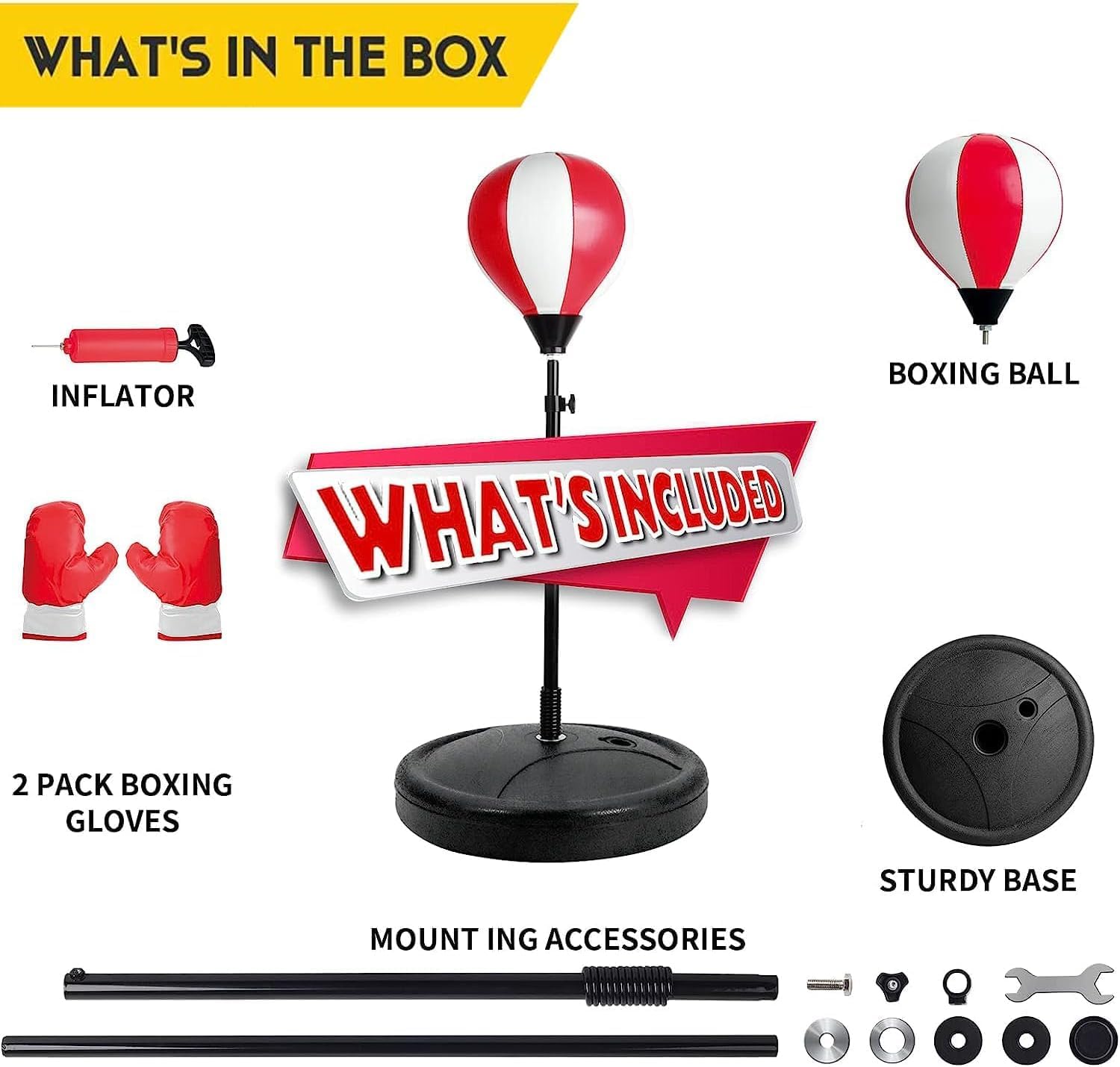 Boxing training setup with boxing ball, gloves, and accessories on a white background.