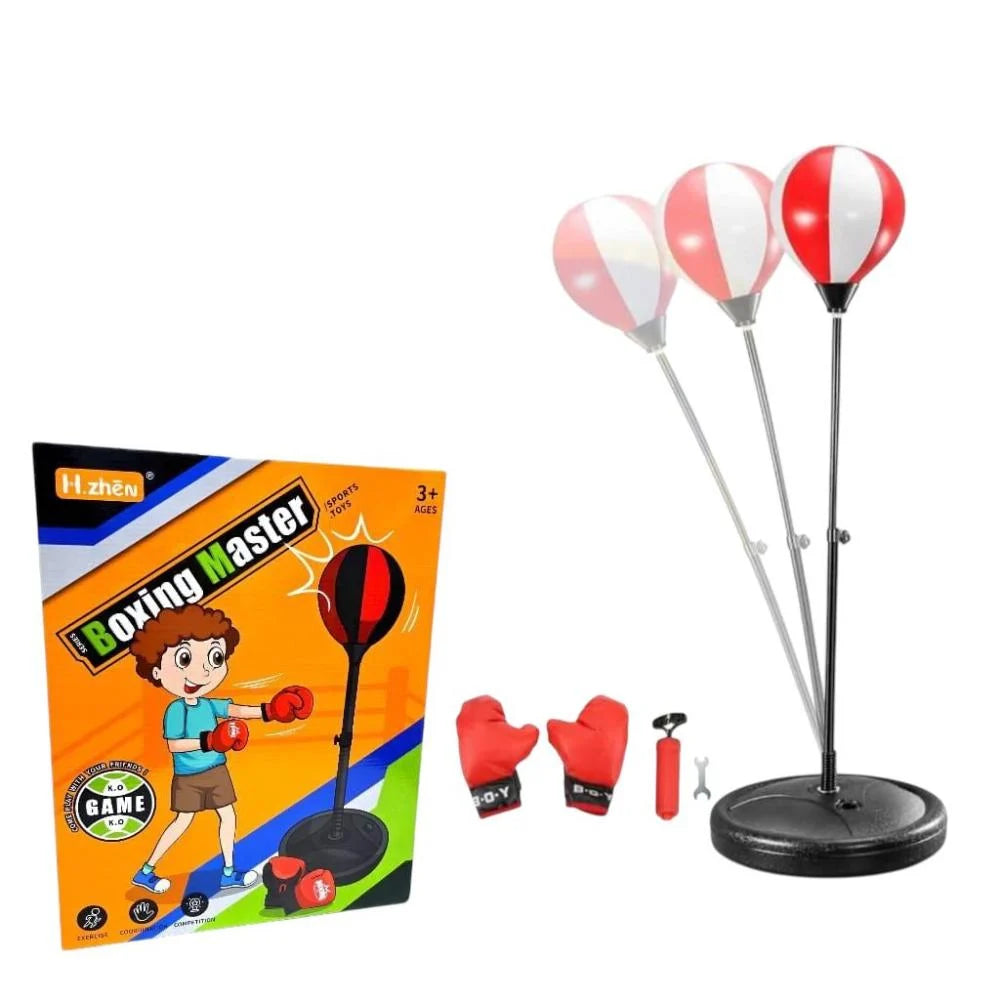 Boxing set with punching bag, gloves, and packaging on a white background