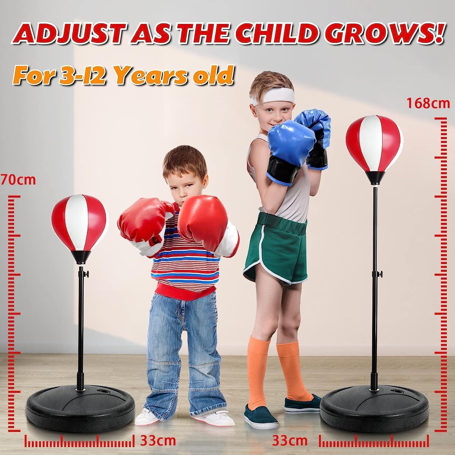 Two children with boxing gloves standing next to adjustable punching bags, with text indicating height adjustment for ages 3-12.