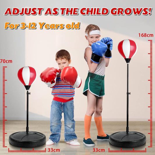 Two children with boxing gloves standing next to adjustable punching bags, with text indicating height adjustment for ages 3-12.