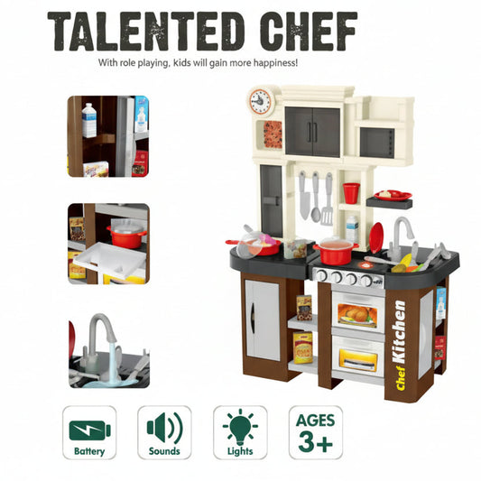 Talented Chef Kitchen Playset – 58 Pieces Kids Pretend Cooking Kitchen with Running Water Tap + Light & Sound Stove