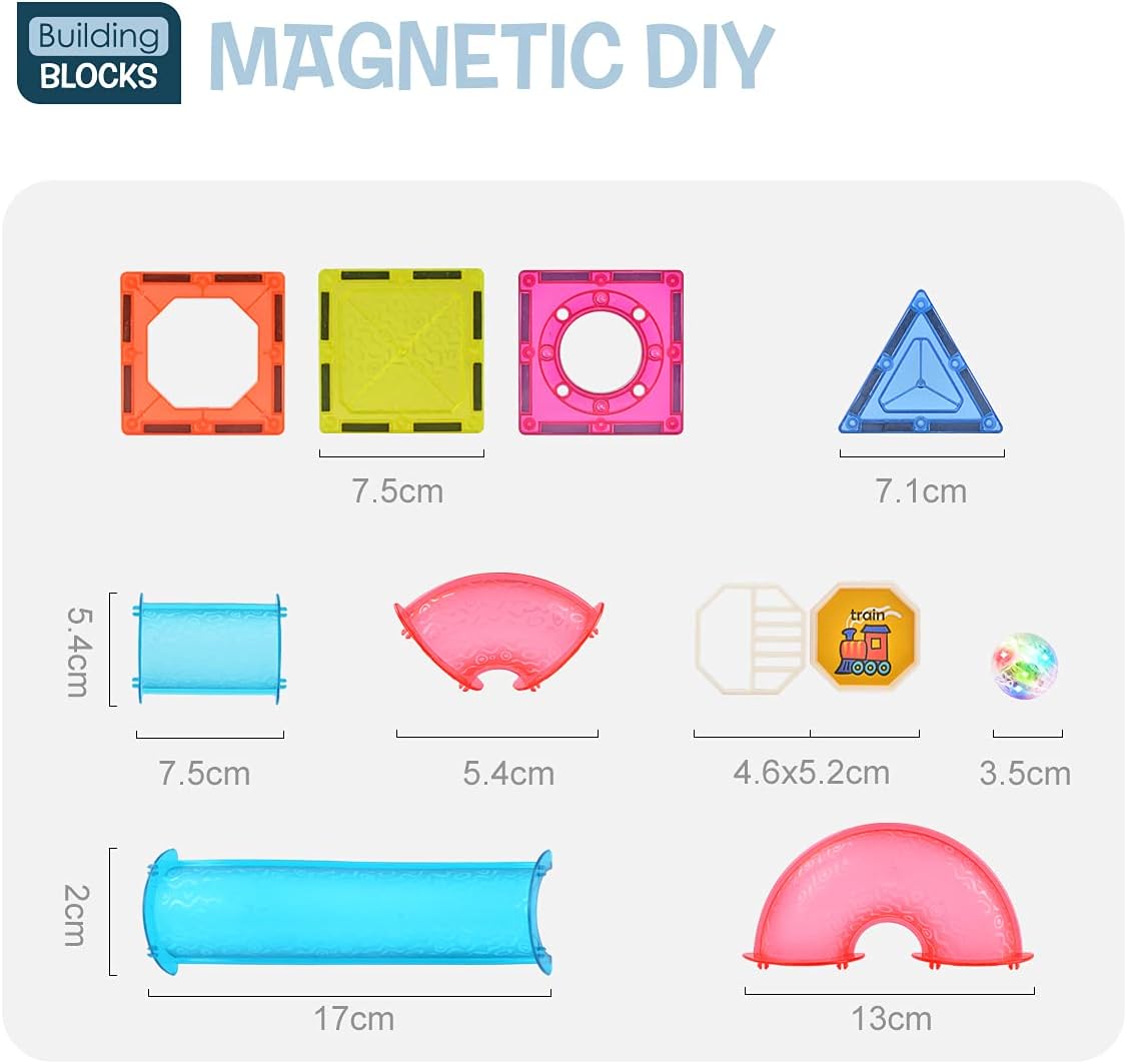 Set of colorful magnetic building blocks with measurements on a white background