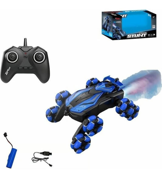 Blue and black stunt vehicle with remote control and packaging on a white background